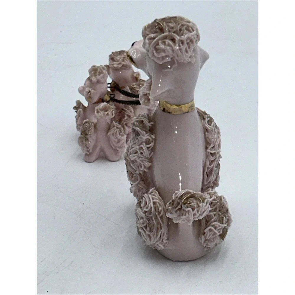Vintage Napco Pink Spaghetti Poodle Mom and Two Puppies Ceramic Figurines
